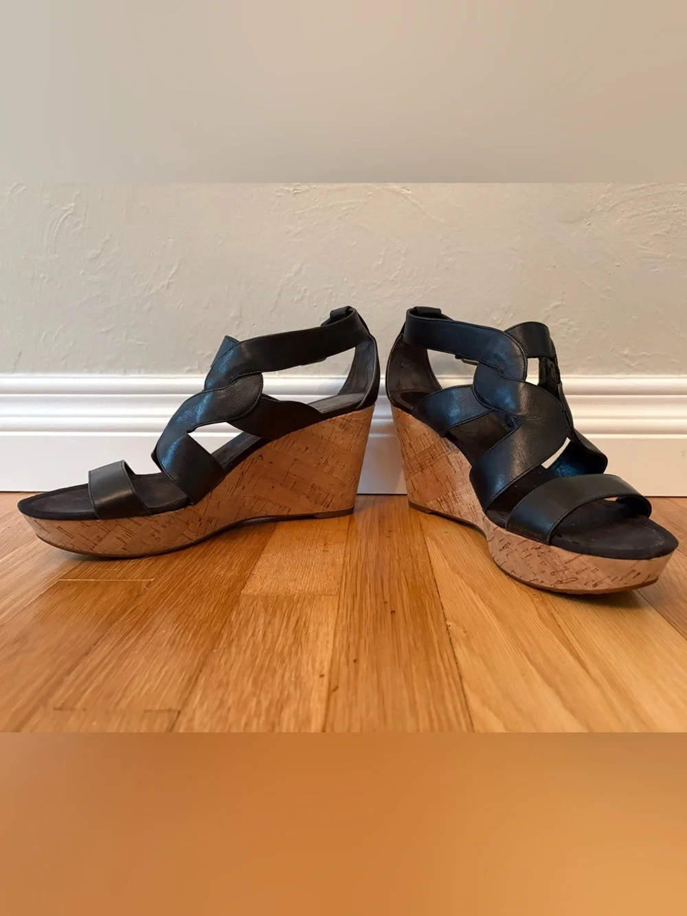 Nine West Black Leather Cork Wedge Sandals